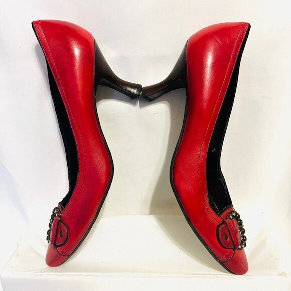 Nicole-Made In Brazil-3" Heels Red Leather/Antique Gold Buckle-Size 8 1/2-Comfy - Picture 9 of 15